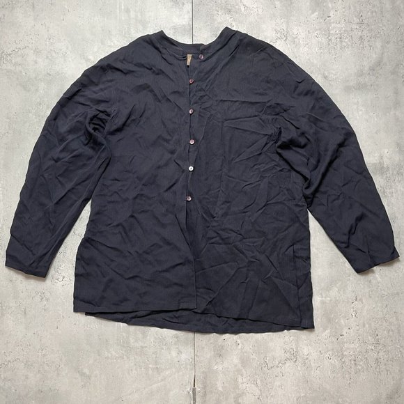 Eileen Fisher 100% Silk Button‎ Up Tunic Blouse Size Medium Black Shirt - Picture 1 of 8